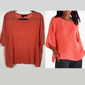 360 Sweater Linen Hi-Low Hem Elbow Length Sleeve Top Blouse In Coral Size‎ S